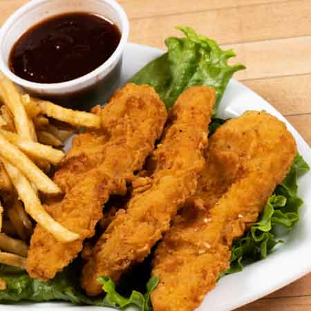 Chicken Tenders with Fries - Battered tenders served with waffle fries.